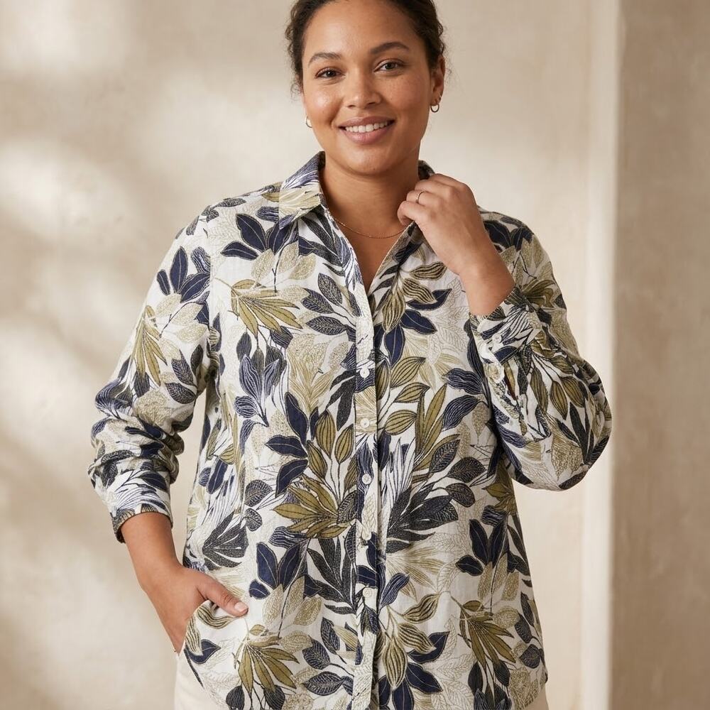 Tahari plus size 2X 100% linen all over floral flower button front shirt collar